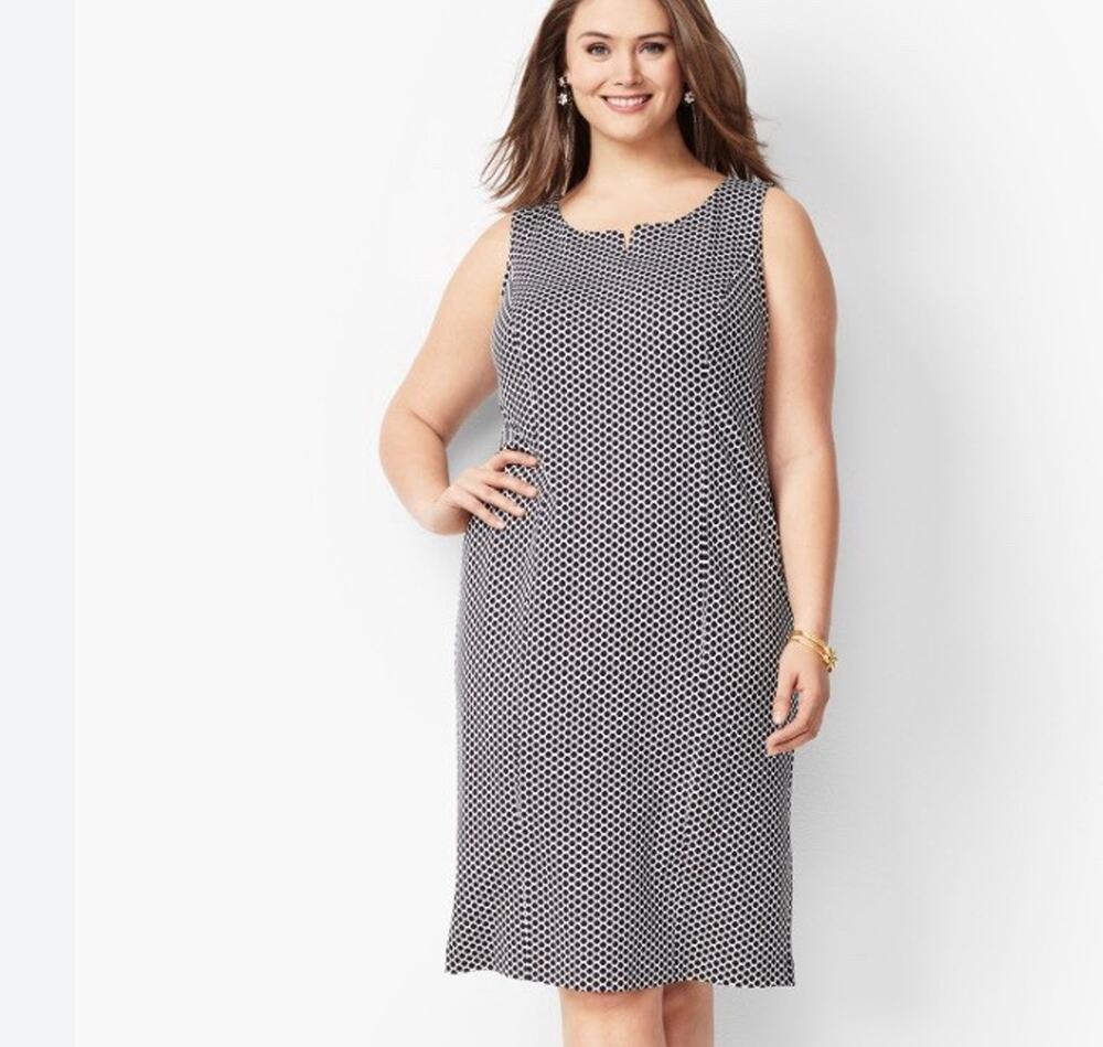Talbots Plus 14W Geometric Print Sheath Dress Ponte Knit Sleeveless Black White